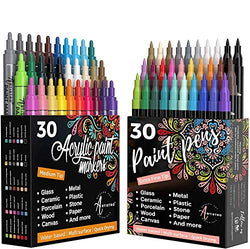 Artistro 30 Acrylic Paint Markers Medium Tip and 30 Acrylic Paint Markers Extra Fine Tip, Bundle for Rock Painting, Wood, Fabric, Card, Paper, Photo Album, Ceramic & Glass