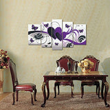 Wieco Art Purple Love Butterfly 5 Panels Modern 100% Hand Painted Stretched and Framed Abstract Romance Artwork Oil Paintings on Canvas Wall Art Ready to Hang for Home Decor 5pcs/Set