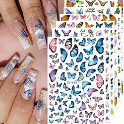 YOSOMK Butterfly Nail Art Stickers Decals Colorflu 3D Self-Adhesive Nail Decals Spring Blue Pink Purple Butterfly Flower Nail Supplies Decoration for Women and Girls Acrylic Nails DIY Design(6 Sheets)