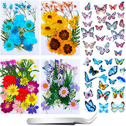 Timtin 151 Pieces Dried Pressed Flowers and Butterfly Stickers Natural Real Dried Flower with Tweezers for DIY Art and Crafts Candle Scrapbooking Resin Jewelry Making Decorations