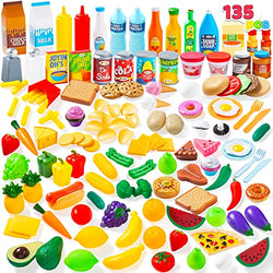 JOYIN 135 Pieces Kids Play Food Set, Value Pretend Food for Play Kitchen with Fruit, Vegetable, Food Can, Dessert, Tableware, Bottles, Dramatic Plastic Food Toys for Toddler Boys Girls 3+ Years