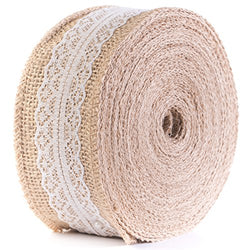 HUJI Natural Jute Burlap with Lace Ribbon for Arts Crafts Wedding Cake Rustic Decorations (10 yd,