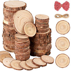 40Pcs Natural Wood Slices 3.5-4.0 inches Predrilled Unfinished Log Wooden Circles with Holes and Bark forChristmas Decoration, DIY Craft, Wedding Ornaments- Includes Jute Twines (40pcs(2"-2.4"))