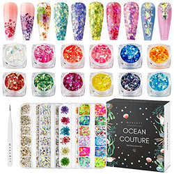 Makartt Nail Decorations Kit, Ocean Couture Nail Glitters Nail Rhinestones 3D Butterfly Dried Flowers with Nail Tweezers for Summer Nails Design Gel Art Complete Nail Accessories Supplies Kit