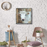 Animal Framed Picture Wall Art: White Cow Artwork Hand Painted Painting on Wooden Board for Bedroom (24''W x 24''H,Multiple Sizes)