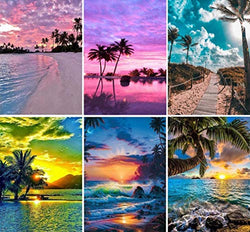 SIIYIX 6 Sets 5d Full Drill Diamond Painting Art Dotz Diamond Paint by Numbers Beach Kits for Adult Kids Housewarming Gifts Beach Boat Sea Sunset Sunrise, 12×16 INCH (C Pack of 6 Sets)