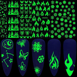 Luminous Christmas Nail Stickers - 3D Glow in The Dark Snowflake Nail Art Decals Self-Adhesive Fluorescence Snowflake Flame Butterfly Stars and Moon Nail Decorations for Xmas Party (5 Sheets)