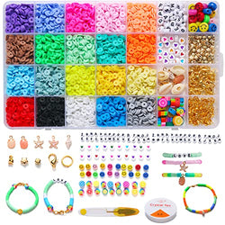 Vewinly 3442pcs Clay Beads for Bracelet Making, 20 Colors 6mm Polymer Clay Beads Flat Heishi Bead Kit with Pendant Charms and Elastic Strings for DIY Jewelry Making Bracelets Necklace Earring Making