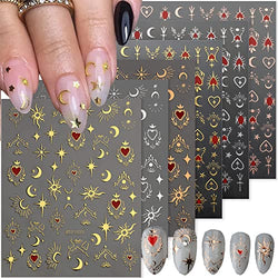 6 Sheets Sun Star Nail Art Stickers Moon Nail Stickers 3D Self-Adhesive Gold Rose Sliver Moon Sun Nail Decals Design Nail Art Supplies for Women Girls Acrylic Manicure Decorations Salon Accessories