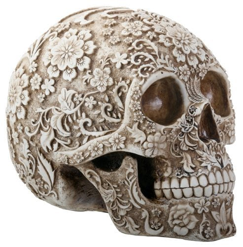 SUMMIT COLLECTION Day of The Dead 8 Inch White and Light Brown Colored Floral Human Skull