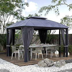 Hardtop Aluminum Gazebo-10ft x 12ft Outdoor Gazebo 2-Tier Permanent Hardtop，with Mosquito Net and Privacy Curtain，Outdoor Relax/Party/BBQ Pergola in Garden/Patio/Backyard and Lawn。…
