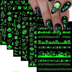 Halloween Nail Art Stickers Decals, 3D Luminous Halloween Skull Ghost Pumpkin Spider Bat Nail Design Self Adhesive Nail Stickers for Women Girls DIY Nail Art Decoration 8 Sheets