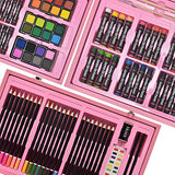 Sunnyglade 145 Piece Deluxe Art Set, Wooden Art Box & Drawing Kit with Crayons, Oil Pastels, Colored Pencils, Watercolor Cakes, Sketch Pencils, Paint Brush, Sharpener, Eraser, Color Chart (Pink)
