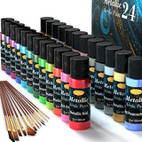 Metallic Acrylic Paint Set of Premium 24 Colors with 12 Brushes，Professional Grade Metallic Paints with Bottles (2fl oz 60ml), Rich Pigments of Non Fading and Toxic Paints for Artist Hobby Painters Kids