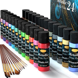 Metallic Acrylic Paint Set of Premium 24 Colors with 12 Brushes，Professional Grade Metallic Paints with Bottles (2fl oz 60ml), Rich Pigments of Non Fading and Toxic Paints for Artist Hobby Painters Kids