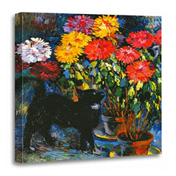TORASS Canvas Wall Art Print Animal Dahlias and Black Cat Fine Flowers Artwork for Home Decor 20" x 20"