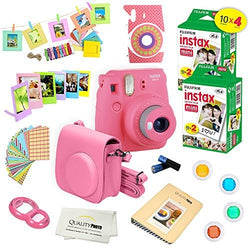 Fujifilm Instax Mini 9 Camera + Fuji INSTAX Instant Film (40 Sheets) + 14 PC Instax Accessories kit Bundle, Includes; Instax Case + Album + Frames & Stickers + Lens Filters + More (Flamingo Pink)