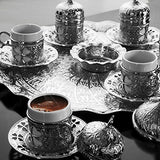 LaModaHome Espresso Coffee Cups with Saucers and Holders Set of 6, Porcelain Turkish Arabic Greek Coffee Cups and Saucers, Coffee Cup for Women, Men, Adults, New Home Wedding Gifts (Silver Set of 6)