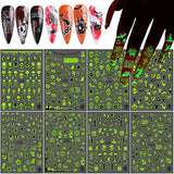 Luminous Halloween Nail Art Stickers 3D Halloween Nail Decals Halloween Nail Designs Supplies Horror Alien Ghost Face Skull Pumpkin Snake Bat Spider Witch Nail Sticker for Women Girls (8 Sheets)