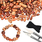 TecUnite 500 Pieces Printed Wooden Beads Various Shapes Loose Spacer Beads Scissors Beading Cord