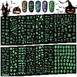 14 Sheets Halloween Nail Art Stickers Decals, EBANKU Luminous Halloween Nail Decals Self-Adhesive Glow in Dark Nail Stickers Pumpkin Bat Ghost Designs DIY Nail Art Decoration for Women Girls