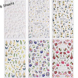 5D Flowers Nail Stickers, 6 Sheets Summer Nail Decals Self Adhesive Nail Art Supplies Relief White Flowers Butterfly Green Leaf Nail Art Accessories Floral Nail Decorations for Women DIY Nail