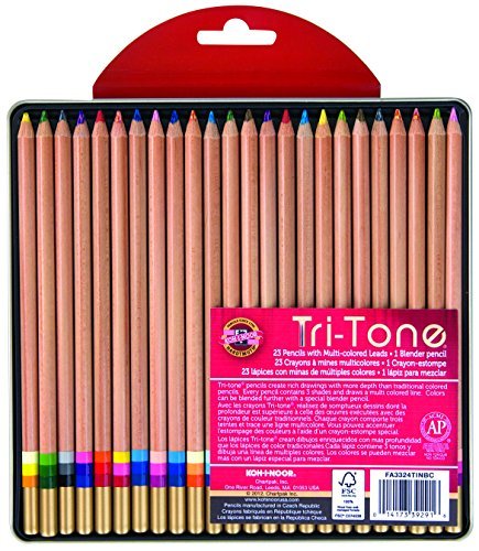 Koh-I-Noor Tri-Tone Multi-Colored Pencil Set, 24 Assorted Colors in Tin and Blister-Carded