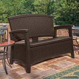 Suncast Elements Loveseat with Storage - Lightweight, Resin, All-Weather Outdoor Loveseat Chair - Wicker Patio Decor with Built in Storage Capacity up to 23 Gallons - Java