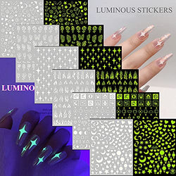 PANOPA 6 Sheets Halloween Luminous 3D Butterfly Nail Stickers,Glow in The Dark Nail Stickers Flame Flower Moon Stars Heart Designer Nail Decals for Nail Art Decorations