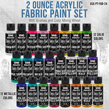 U.S. Art Supply 24 Color Set of Permanent Acrylic Fabric Paint in 2 Ounce Bottles, Plus a 7-Piece Brush Kit - Artists Textile Paint for Clothes, Denim, Canvas, Jeans, Jackets, T-Shirts, Bags, Shoes