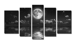 Yin Art Black Seascape Canvas Wall Art Decor 5 pcs - Cloudy Starry Sky Skyline with Full Moon Over the Sea Ocean Water Picture Photo on Canvas for Home Decoration - Stretched and Framed Ready to Hang