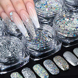 Holographic Nail Art Glitters - Nail Art Supplies Sequins - 3D Laser Nails Glitter Flakes - Shiny Acrylic Nails Powder Dust - Silver Nail Confetti Nail Art Decoration Sparkles for Manicure Tips 8Pcs