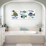 Ocean Animal Bohemian cartoon fish wall art for bathroom bedroom decor kitchen pictures canvas print Framed artwork, home decor Pictures Posters Bathroom Set of 3 Panels 12x16inchx3pc Ready to Hang