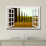 wall26 - Creative Window View Canvas Prints Wall Art - Tuscan Countryside with Cypress and Meadow - 24" x 36"