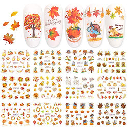 Fall Nail Stickers Autumn Maple Leaf Nail Art Decals Thanksgiving Day Water Decal Transfer Slider Set Turkey Pumpkin Nail Art Foil Stickers Nail Supplies Accessories Decoration Manicure Tips 12 Design