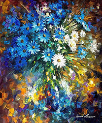 Bouquet Of Happiness — Palette Knife Blue Flowers Wall Art Oil Painting On Canvas By Leonid Afremov Studio. Size: 24" X 30" Inches (60 cm x 75 cm)