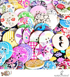 RayLineDo Pack of 50PCS Designed Super Fantastic Round Shaped Painted 4 Hole Wooden Buttons