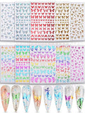 Warmfits 10 Sheets Holographic Butterfly Nail Stickers Decals Holo Gold Silver Multi-Color Different Shapes Nail Adhesive Stickers