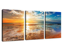 Sunset Beach Wall Art Canvas Pictures Ocean Waves Coast 3 Piece Canvas Art Romantic Seascape Painting Prints Contemporary Artwork for Home Decoration Office Kitchen Wall Decor 12"x 16" x 3 Panels