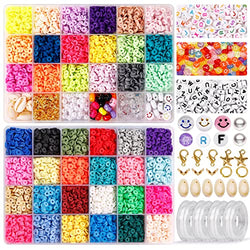 12000pcs Clay Beads for Bracelet Making, WOHOOW 42 Colors 6mm Flat Round Polymer Clay Beads Kit with 600pcs Letter Beads 75pcs Smiley Face Beads and 50pcs Imitation Pearls for DIY Jewelry Making Kit