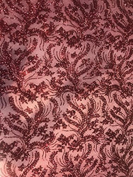 Disco Flowery Sequins On Mesh Fabric by The Yard Used for -Dress-Bridal-Decorations [Burgundy]!!!