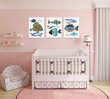 Ocean Animal Bohemian cartoon fish wall art for bathroom bedroom decor kitchen pictures canvas print Framed artwork, home decor Pictures Posters Bathroom Set of 3 Panels 12x16inchx3pc Ready to Hang