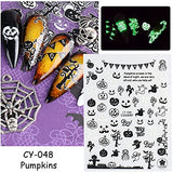 6 Sheets Luminous Black White Halloween Nail Art Stickers,Glow in Dark,3D Self-Adhesive Ghost Pumpkin Spider Web Cat Bat Design Nail Decals for Acrylic Nail Supplies,DIY Nail Decorations Accessories