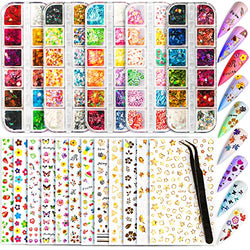 18 PCS Nail Art Stickers, Smallbudi Self-Adhesive Nail Decoration Kit with 12 Sheets Nail Art Decals & 5 Boxes Nail Art Glitter Flakes for Women and Girls Nail Design Stickers
