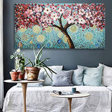 Modern Art 100% Hand Painted Framed Home Wall Decor Art Blooming Flower Tree Oil Painting Abstract Artwork Cherry Blossoms Pink Flowers Blue Teal Colourful Starry Night Sky Living Room Decoration