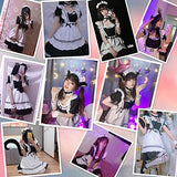 Anime French Maid Apron Lolita Fancy Dress Cosplay Costume Furry Cat Ear Gloves Socks Set(S) Black-White