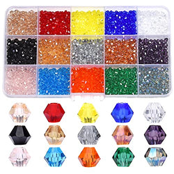 MEIUIJQ 4mm Bicone 1800Pcs Crystal Glass Beads Faceted Bicone Shape Colourful AB Crystal Spacer Beads for Bracelet Necklace Decorative Hand Jewelry Making with Container Box (15 Colors/Box)