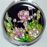 Mother of Pearl Pink Lotus Flower Design Double Magnifying Compact Cosmetic Makeup Hand Mirror, 3.2