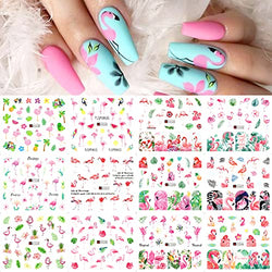 12 Sheets Flamingo Nail Art Stickers Water Nail Decals Rainforest Flowers Leaves Design Nail Sticker for Women Girls Personality Nail Stickers for Nail Art DIY Water Transfer Sliders Nail Decorations