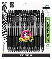 Zebra Pen Z-Grip Retractable Ballpoint Pen, Medium Point, 1.0mm, Black Ink, 18-Count